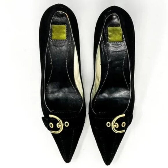 Coach Black Italian Suede Gold Buckle Pointed Toe Pumps - Size 8.5 - Picture 3 of 6